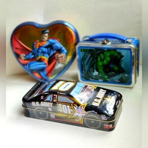 Collectible Tins U.S. Army Pontiac Grand Prix-New, Superman, Incredible Hulk